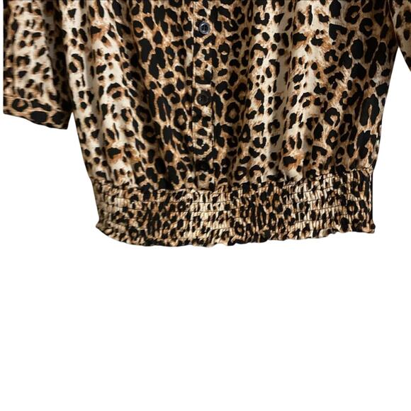 Twenty One Leopard Print Top Ruffle Size S Accent Tie Neck Elastic Waist Spring - Picture 15 of 15